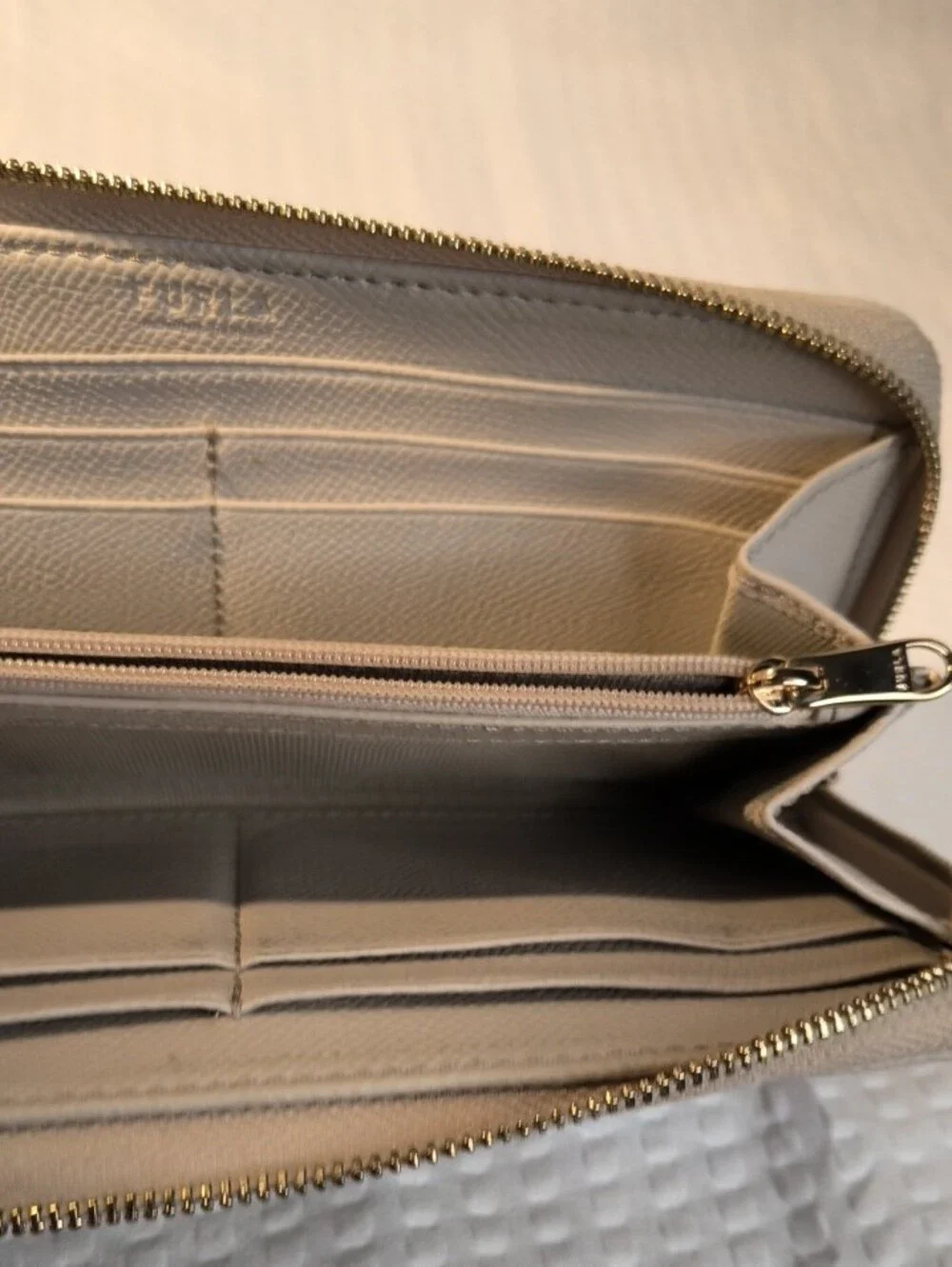 Furla Pebbled Leather Zip Wallet in Light Beige with Gold Logo (Ballerina)